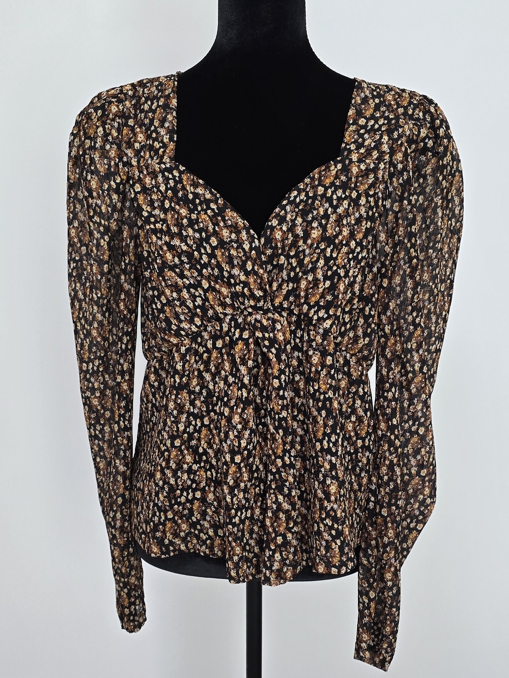 Skies Are Blue Black Floral Twist-Front Long Sleeve Top